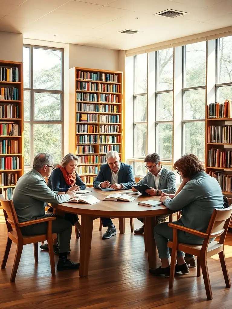 An image of adults engaged in a book club discussion, sharing their thoughts and interpretations of a selected novel at BIBLIOTHEQUE MUNICIPALE DE PLOUASNE.