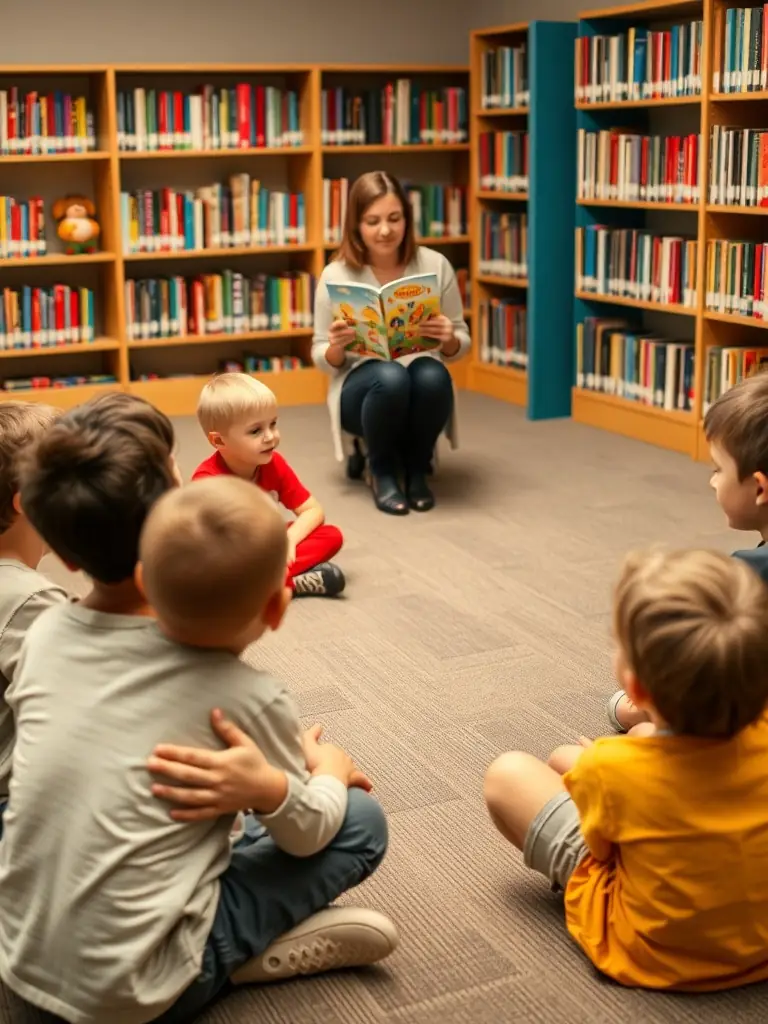 A group of children sitting on the floor in a circle, listening attentively to a librarian reading a storybook during a storytelling session at BIBLIOTHEQUE MUNICIPALE DE PLOUASNE.