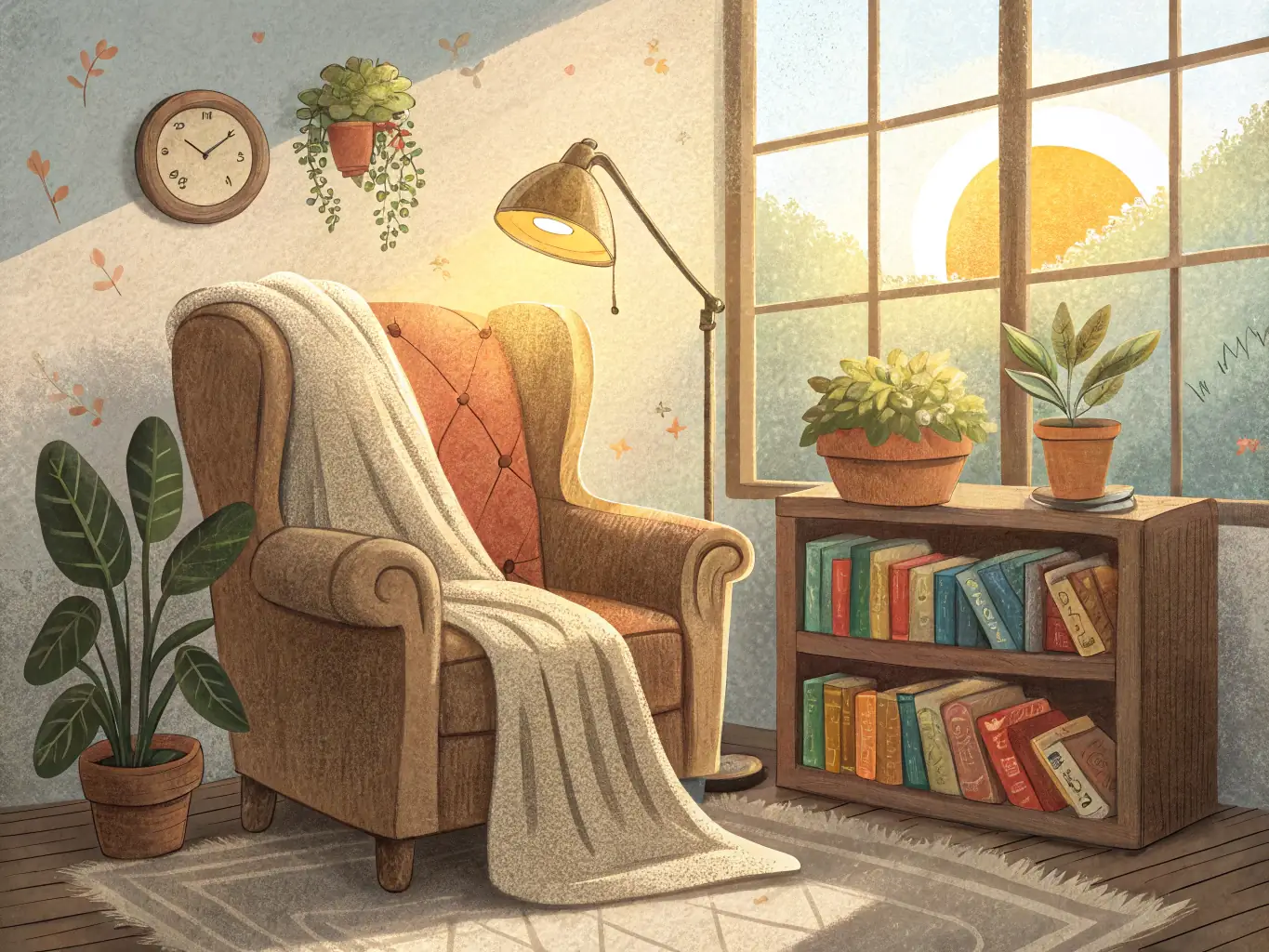 A cozy reading corner with shelves filled with books and a comfortable chair, inviting visitors to explore the collection.