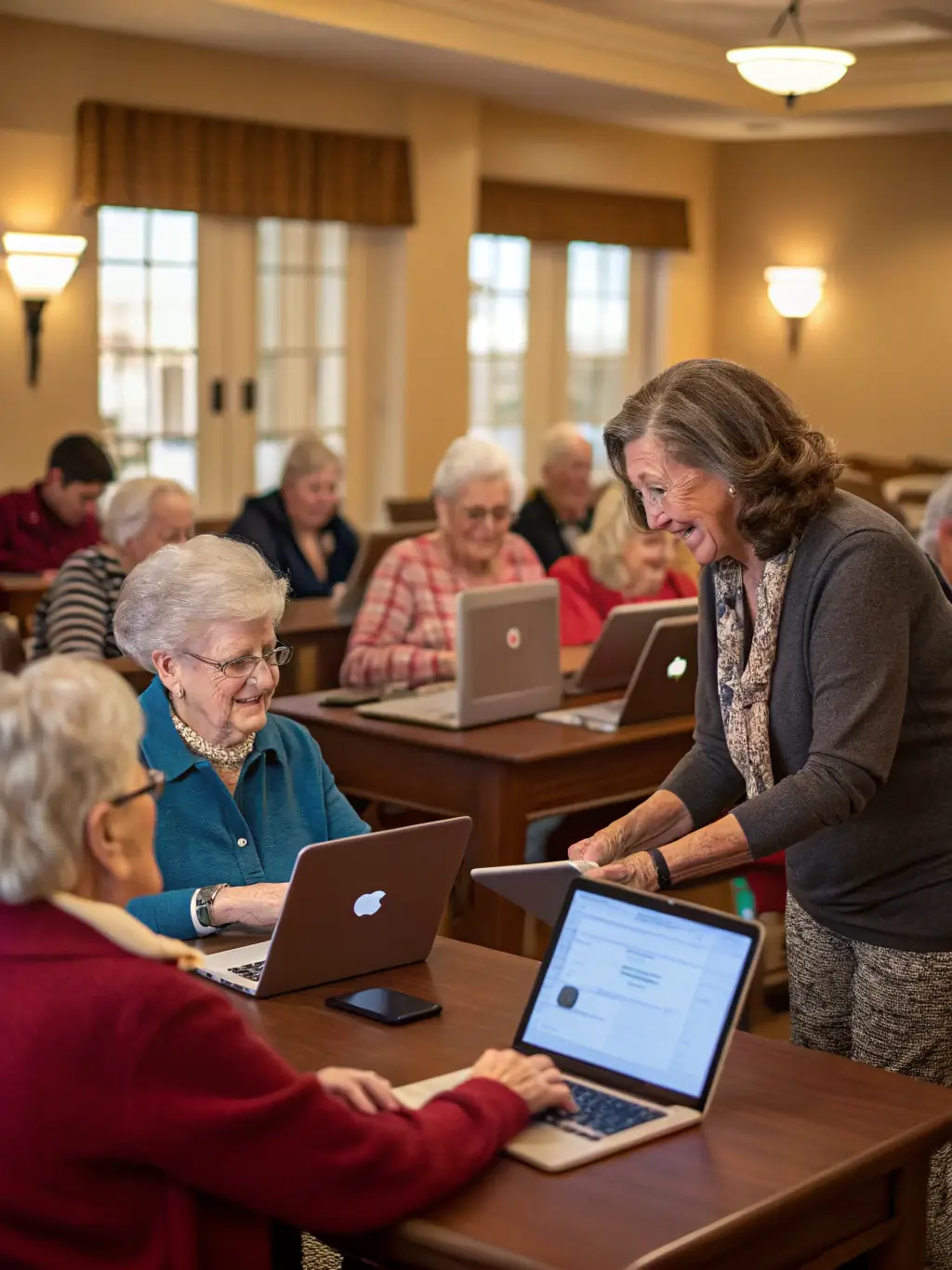 A picture of seniors learning how to use tablets and smartphones in a digital literacy class at the library, guided by a patient instructor.