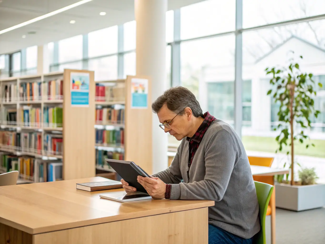 A librarian assisting a patron with a tablet, demonstrating digital media usage.