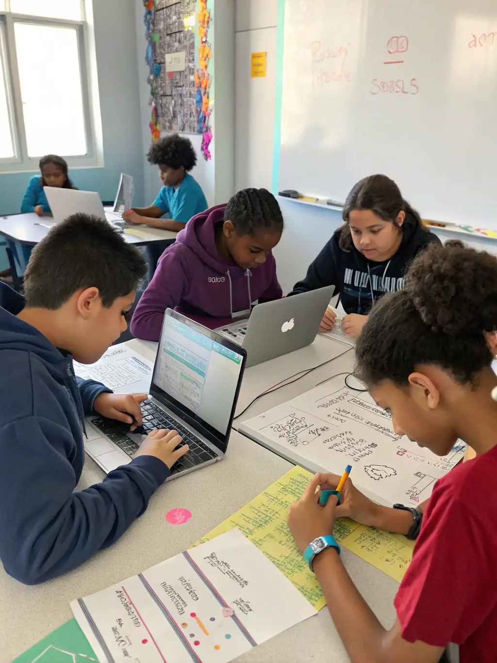 A photograph of teenagers participating in a coding workshop at the library, focused on learning basic programming skills and creating simple applications.